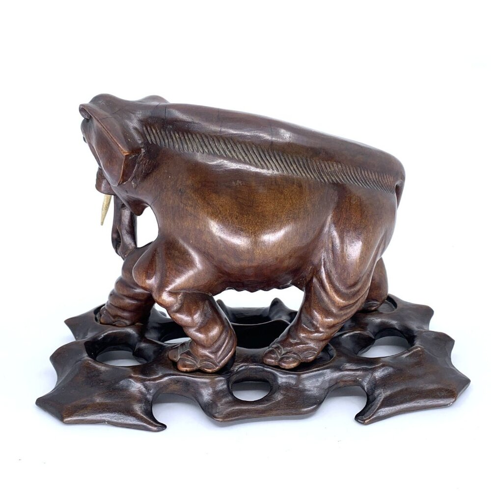 Vintage Thai Hand Carved Teak Wood Elephant Statue w Carved Base 6.5" Hard Wood - Picture 7 of 15
